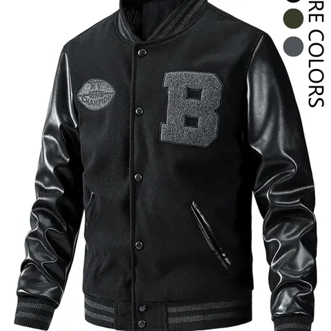 Men's Fitted Woven Varsity Jacket - Letter-Patched Pockets, Button-Front, Stand Collar, Long Sleeve, Regular Fit PU Leather Top for Fall Winter