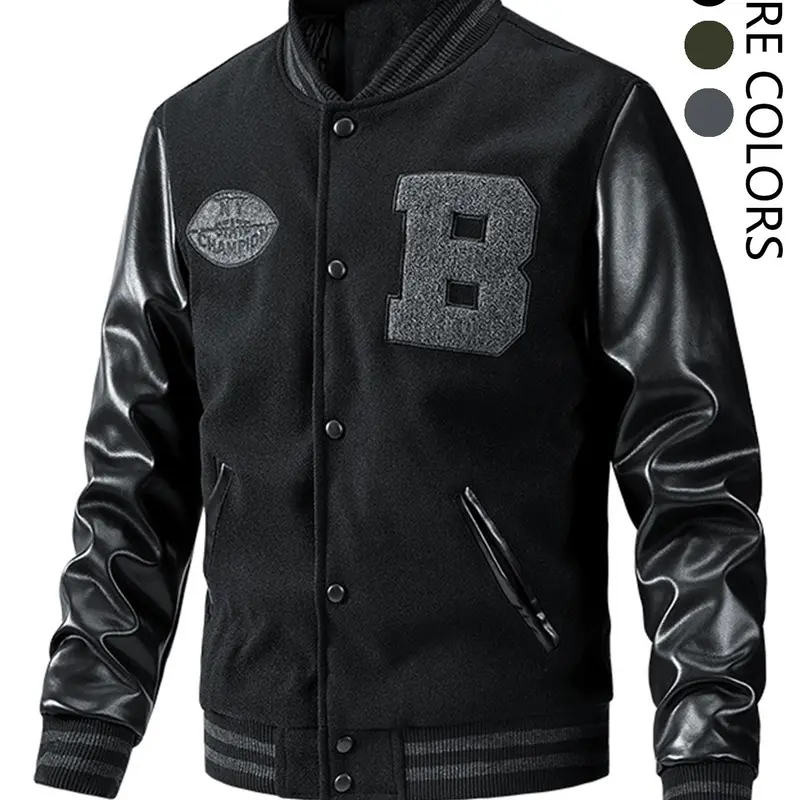 Men's Fitted Woven Varsity Jacket - Letter-Patched Pockets, Button-Front, Stand Collar, Long Sleeve, Regular Fit PU Leather Top for Fall Winter