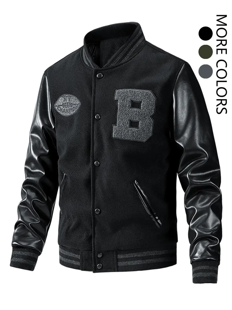 Men's Letter Patched Pocket Button Front Varsity Jacket, Casual Regular Fit Long Sleeve Stand Collar PU Leather Jacket Coat for Fall Winter
