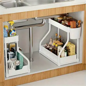 1Pc 2-Tier Under Sink Storage Rack,Double Sliding Cabinet Basket Drawer,Bathroom Organizer Supplies,Bathroom Organization, Shelf For Under Counter Kitchen Storage With 5 Hooks 2 Hanging Baskets