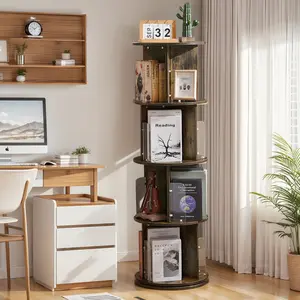 VECELO Rotating Bookshelf 4 Tier 360° Revolving Bookcase Corner Wood-Plastic Board Bookcase, Floor Standing Bookshelf Organizer, Display Cabinet for Office Home Living Room rotating bookshelf spacesaving  bookshelf