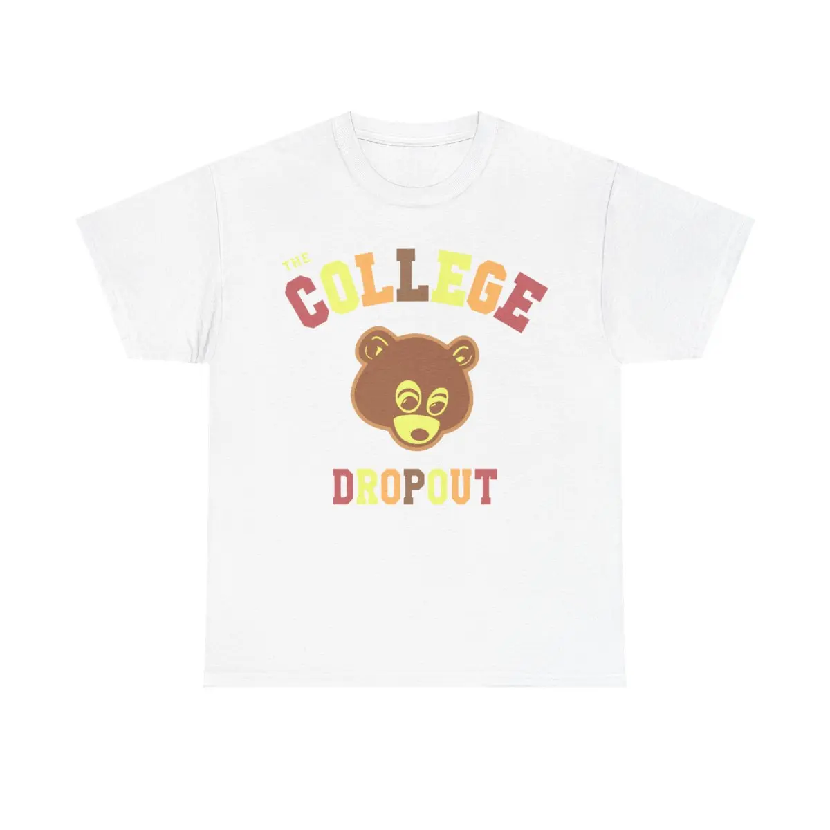 Women's 'College Dropout' Print T-Shirt, Vintage Streetwear Style Spandex Blend Top with a Slimming Fit for Layering with a Jacket, Skirt, or Jeans, Basic, Solid, Shortsleeve, Fabric, Casual, Smooth, Seamless, Simple, Cotton, Graphic, Outfits, Round Neck