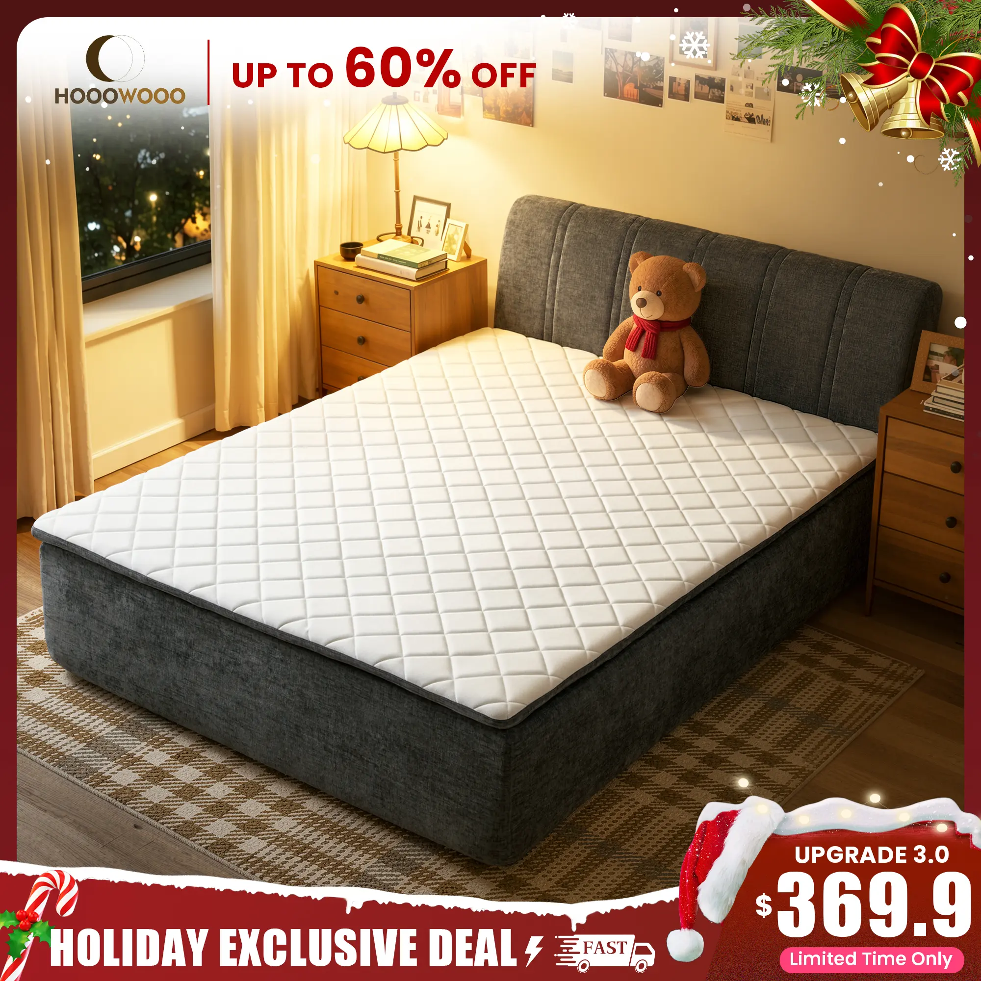 HOOOWOOO All-in-One Bed with Removable Zip-On Headboard, Hybrid Memory Foam Mattress in a Box, Cloud Plush Corduroy, Twin, Full, Queen Sizes, Medium Firm Support, No Assembly Required, No Bed Frame Needed