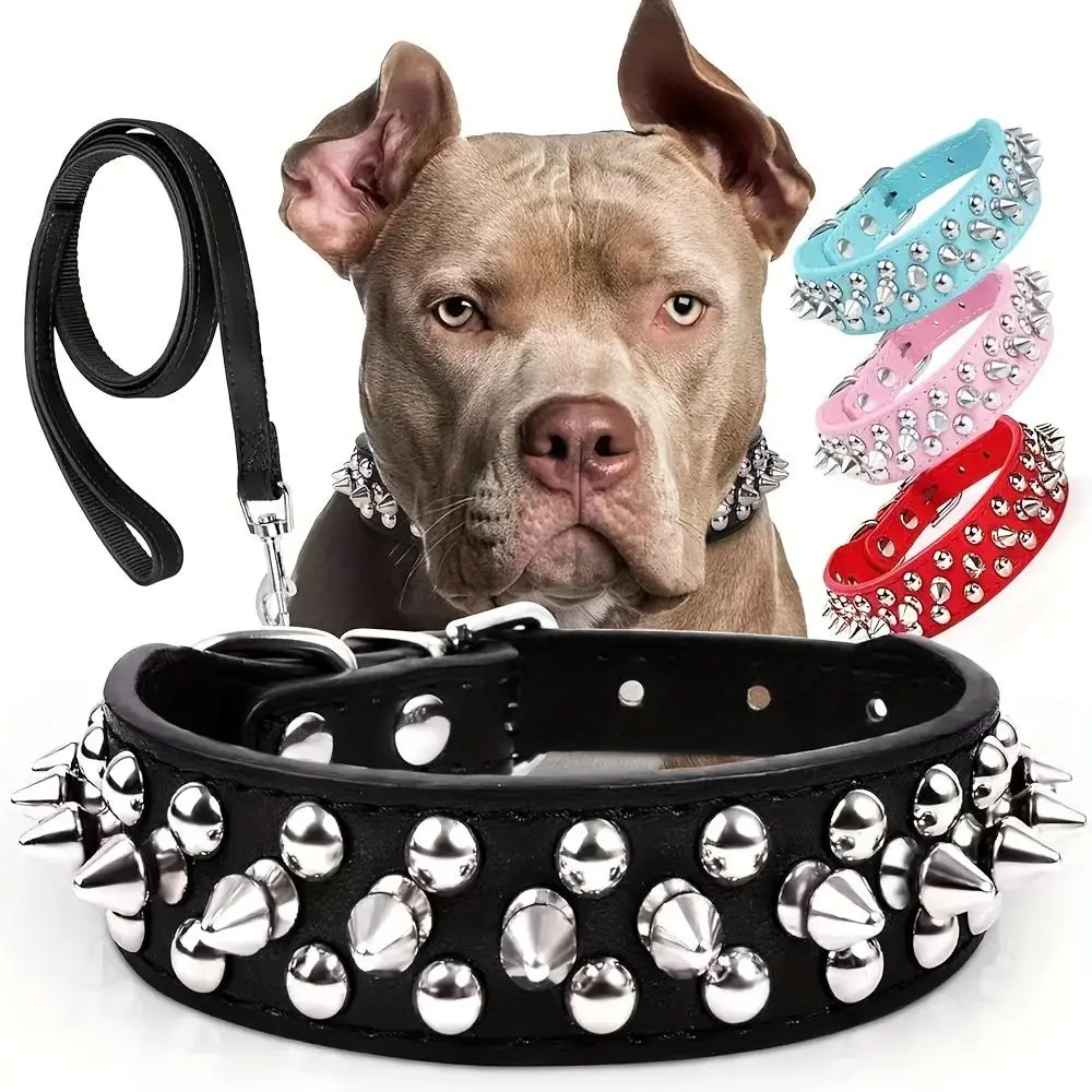 Premium Leather Dog Collar Spikes and Leash Set- Durable Adjustable Fashionable Style for Safe Outdoor Stroils - Pertfect for Your Furry Companion