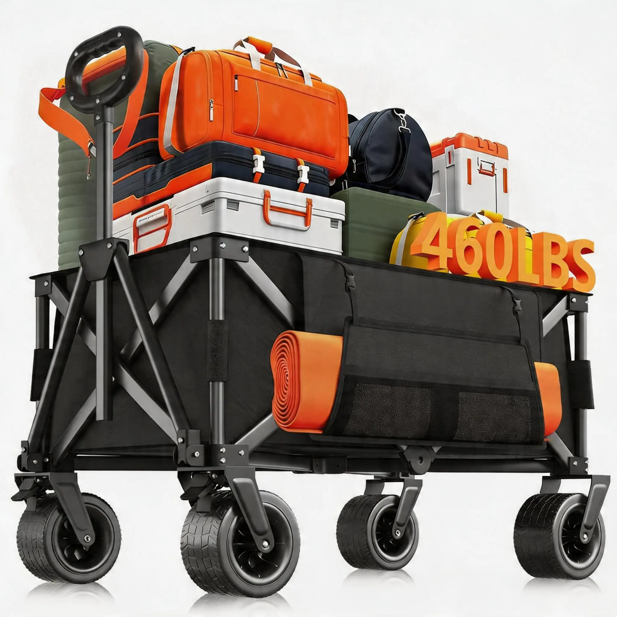 Heavy Duty Foldable Wagon Cart, 460LBS Capacity All-Terrain Utility Wagon with Wheels, 280L Large Collapsible Grocery Cart