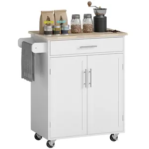 HOMCOM Kitchen Island Cart, Rolling Island Table with Solid Wood Top, Trolley Cart with Drawer, Storage Cabinet & Towel Rack, White
