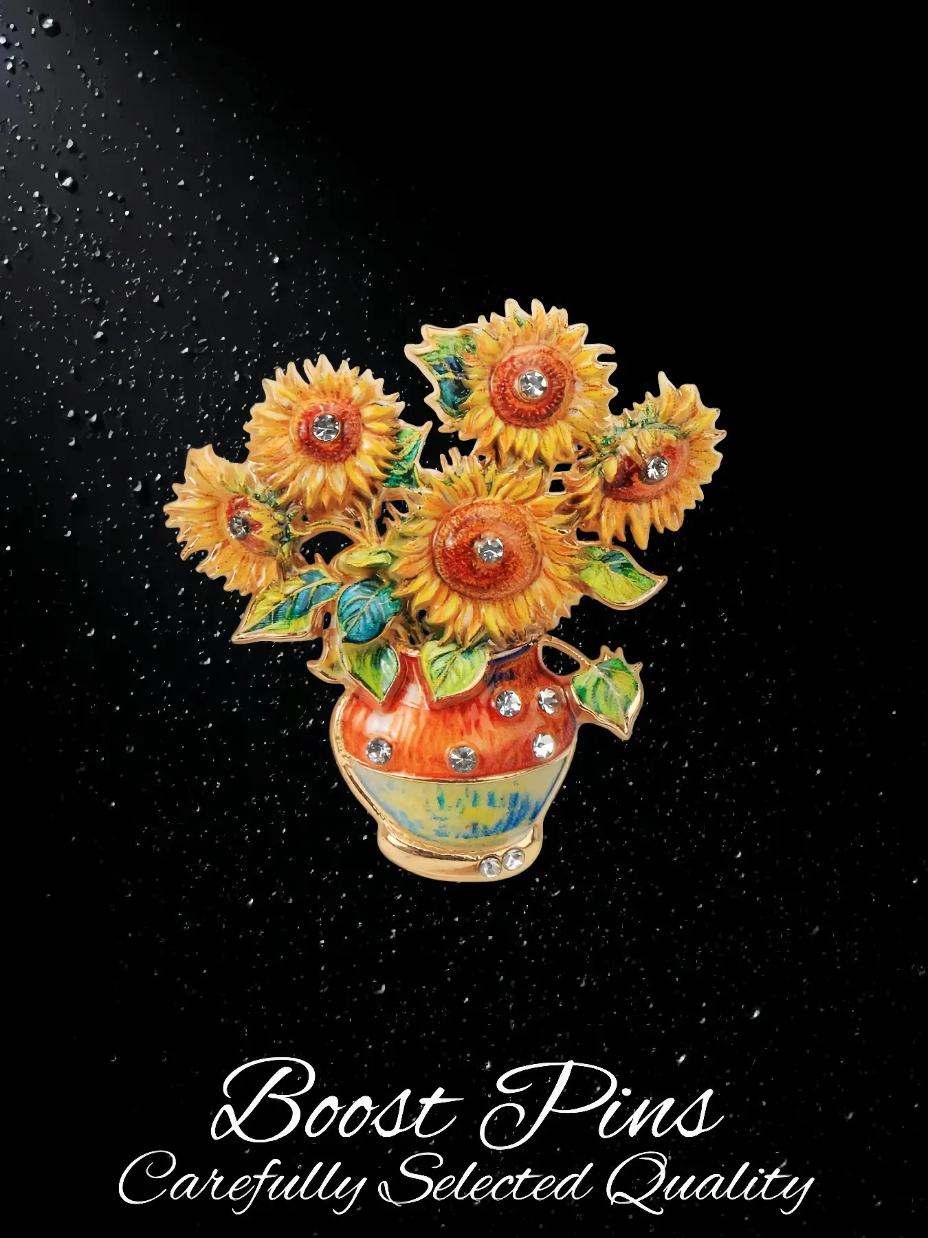 Gold Tone Van Gogh Sunflowers Vase Elegant Brooch, Enamel Art Print with Clear Crystal Rhinestone, Impressionist Floral Statement Lapel Pin, Women's Fashion Jewelry, Ideal Gift for Art & Flower Lovers