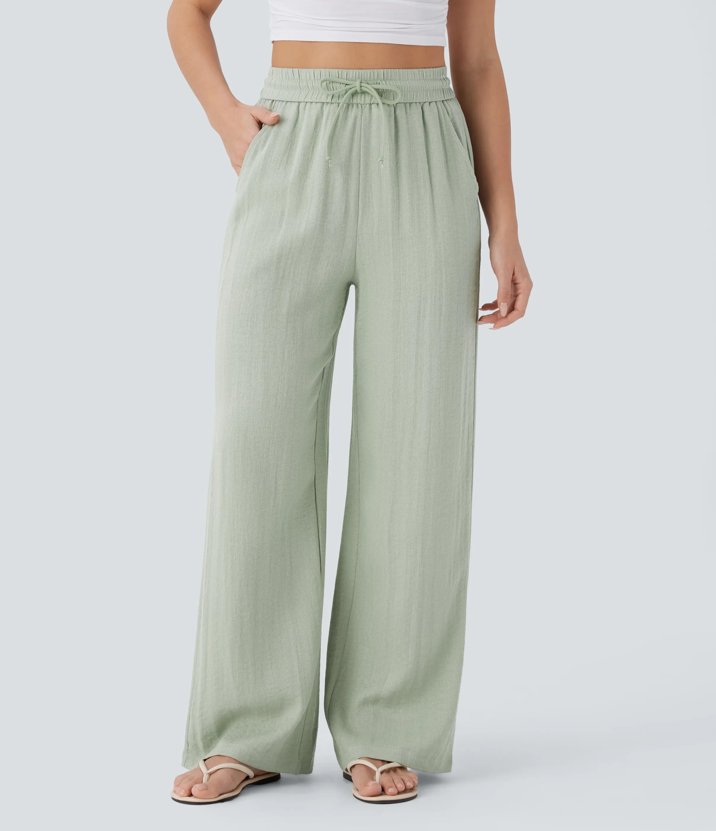 Halara High Waisted Drawstring Pocket Wide Leg Baggy Casual Linen-Feel Pants #BackToSchool