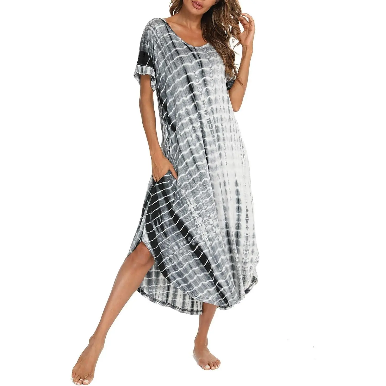 Cotton Nightgowns for Women Short Sleeve House Dress Long Night Gown with Pockets S-XXL, Shortsleeve, One Piece