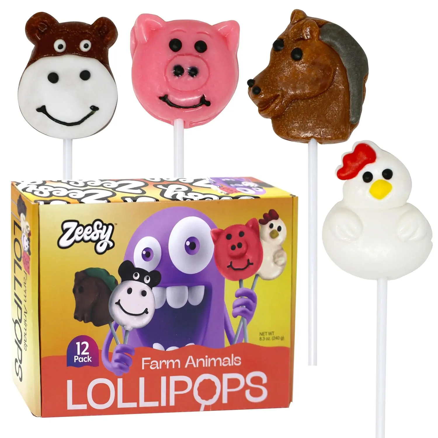 Zeesy Farm Animal Lollipops, 12 Pack Individually Wrapped Farm Animal Suckers for Farm Birthday Party Favors, Baby Shower Candy - Cow, Rooster, Horse and Pig Shaped Lollipops