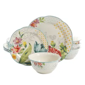Blooming Bouquet White Ceramic 12-Piece Dinnerware Set Bowls Cutlery