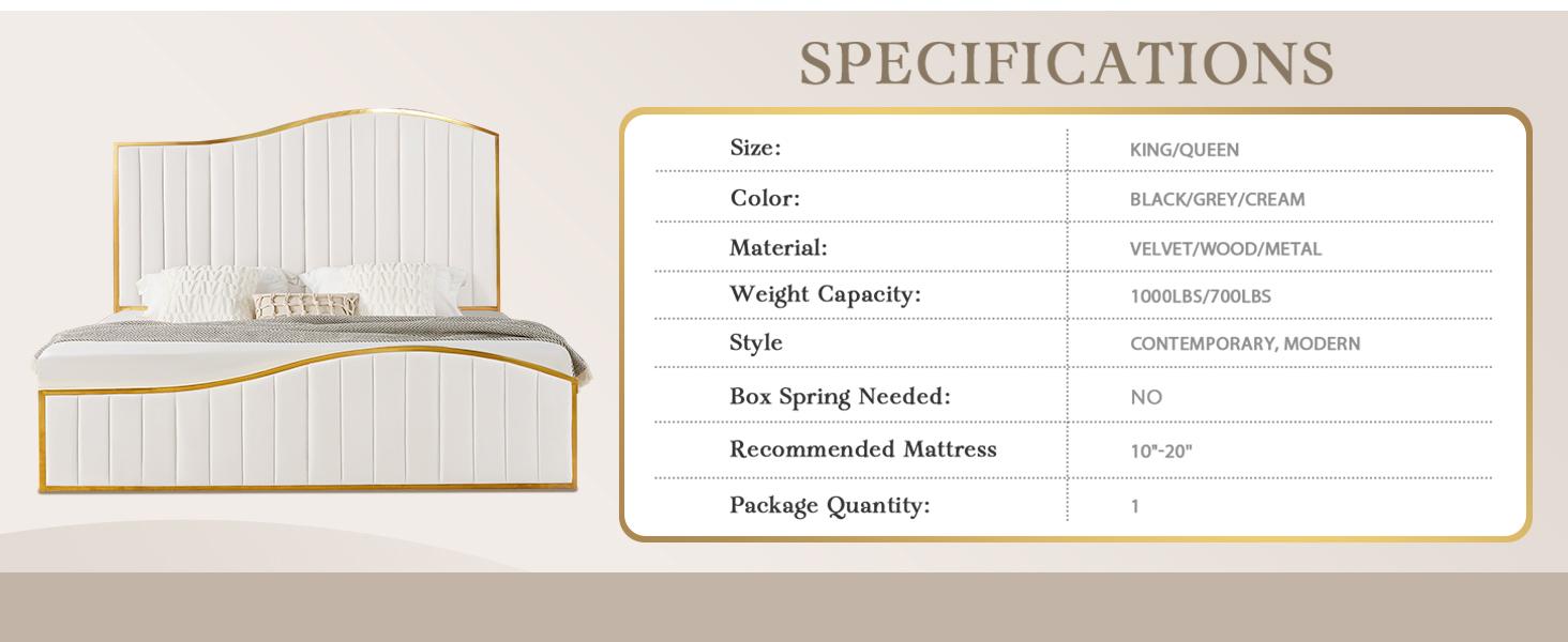 AMERLIFE 61.4 Tall Harp Bed Frame, Modern Velvet Upholstered Bed with Vertical Channel Gold Trim Headboard and Footboard/Comfortable&Sturdy/ Luxury Furniture Design/Queen/King Size/Best Gift Ideas/Christmas Gifts