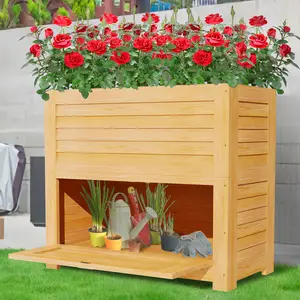 【Summervibes】Lilypelle 34"x18"x30" Raised Garden Bed with Storage, Wood Elevated Planter Box for Herbs, Vegetables, Flowers, Outdoor Backyard, Patio, Balcony