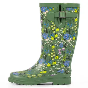 Landchief Women's Floral Rain Boots Waterproof Tall Knee High Rubber Boots Comfortable Garden Anti-Slip Mid Heel Outdoor Shoes