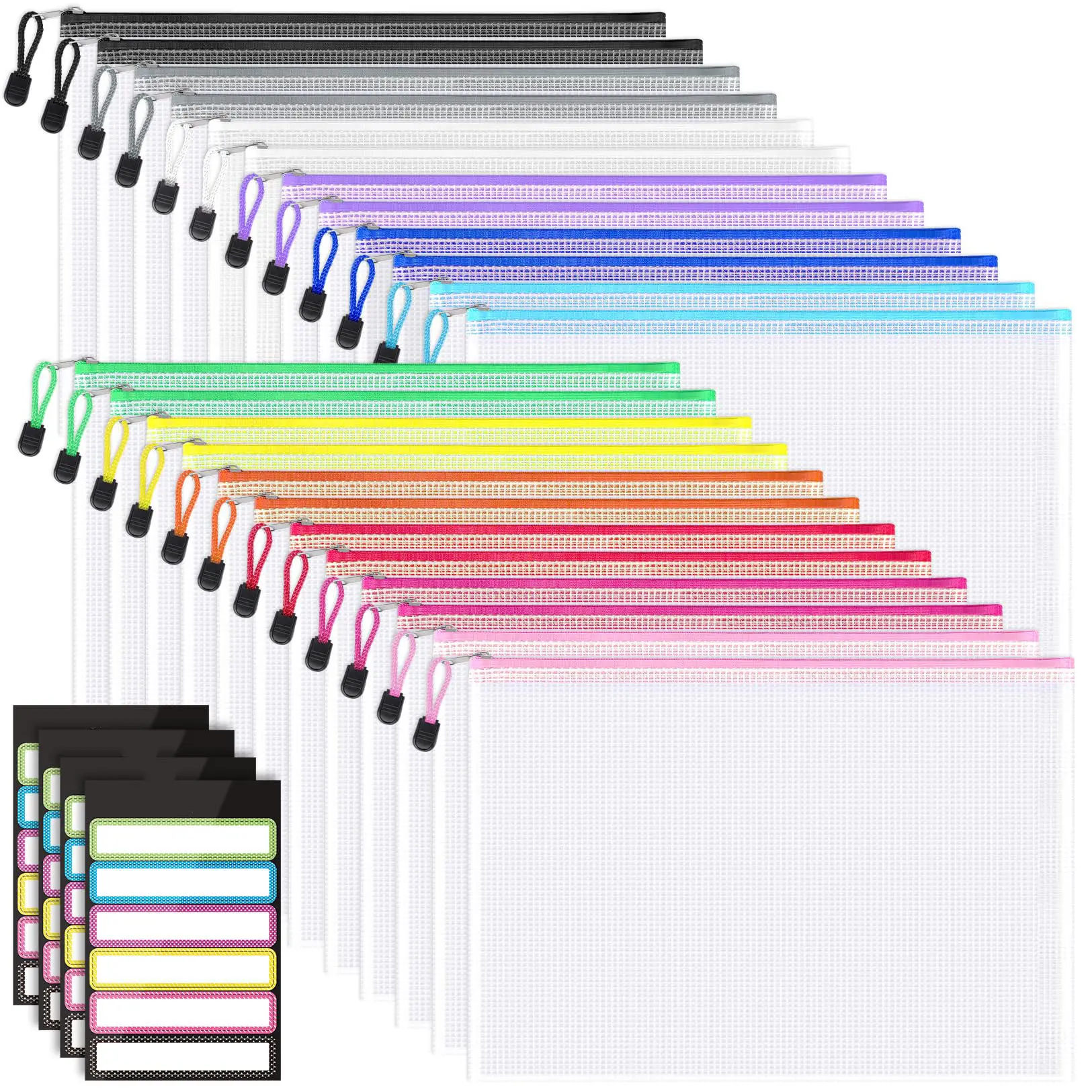 24 Pack Mesh Zipper Pouch with Sticky Labels, A4 Size Mesh Bags for Board Game & Puzzles Organizing Storage, Durable Letter Size File Bags