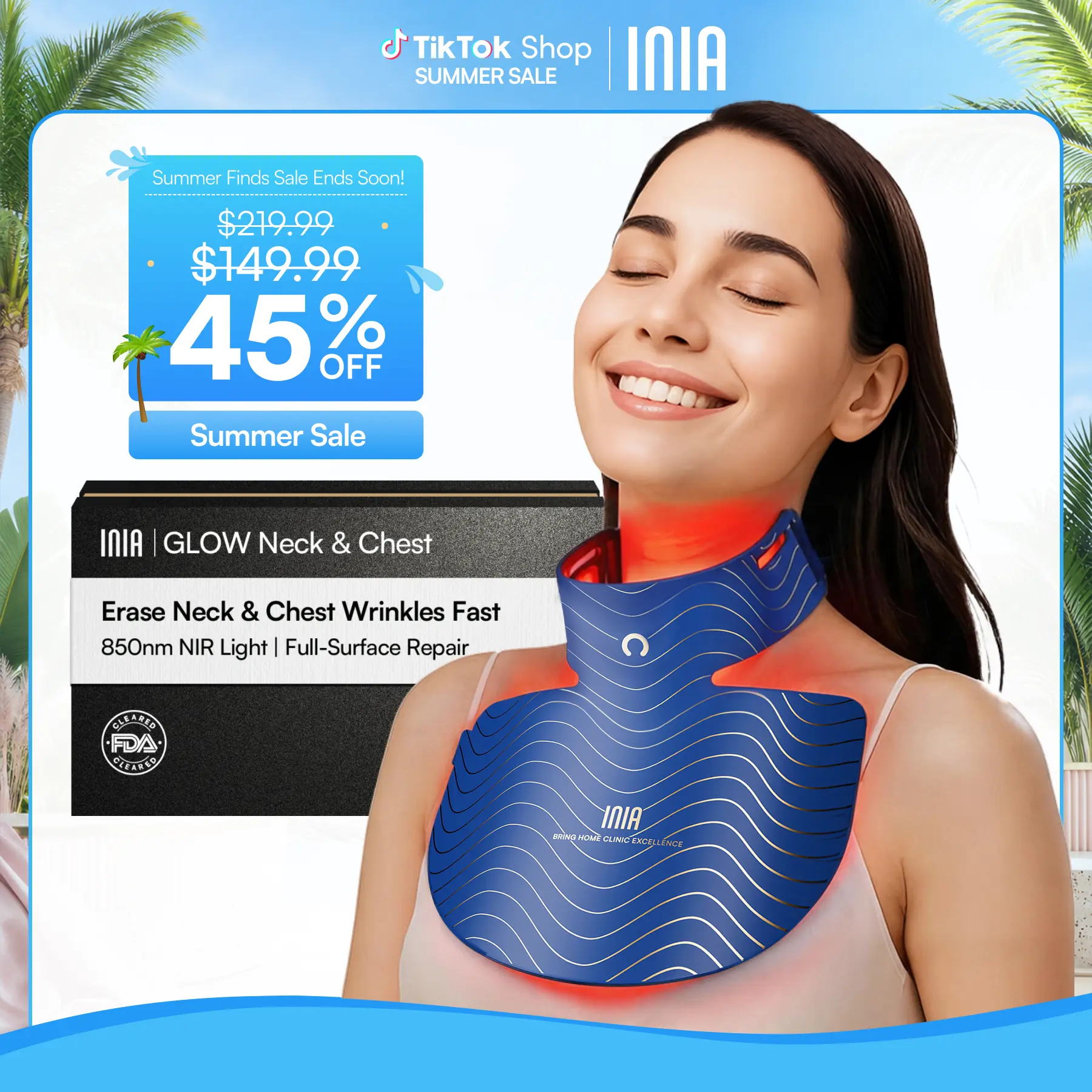 [New Color Drop] INIA GLOW Neck & Chest Red Light Mask – 850nm NIR LED Mask for Wrinkle & Spot Reduction, Lift & Firm in 4 Weeks, Rechargeable 2600mAh Controller, Clinic-Grade Full Coverage, Summer Beauty Gift Ideas