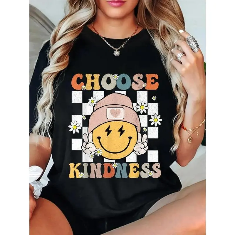100% Cotton Unisex Retro Choose Kindness Smile Face Groovy Be Kind Women T-Shirt