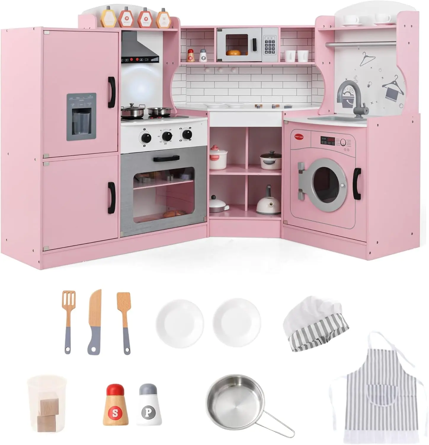 Costzon Corner Wooden Play Kitchen Set for Kids w/Light&Sound for 3+Toddler | Toy Kitchen Set w/Chef Suit Set, Toddler Kitchen w/Ice Make,Wash Machine,Microwave, Kids Kitchen Playset for Boys&Girls