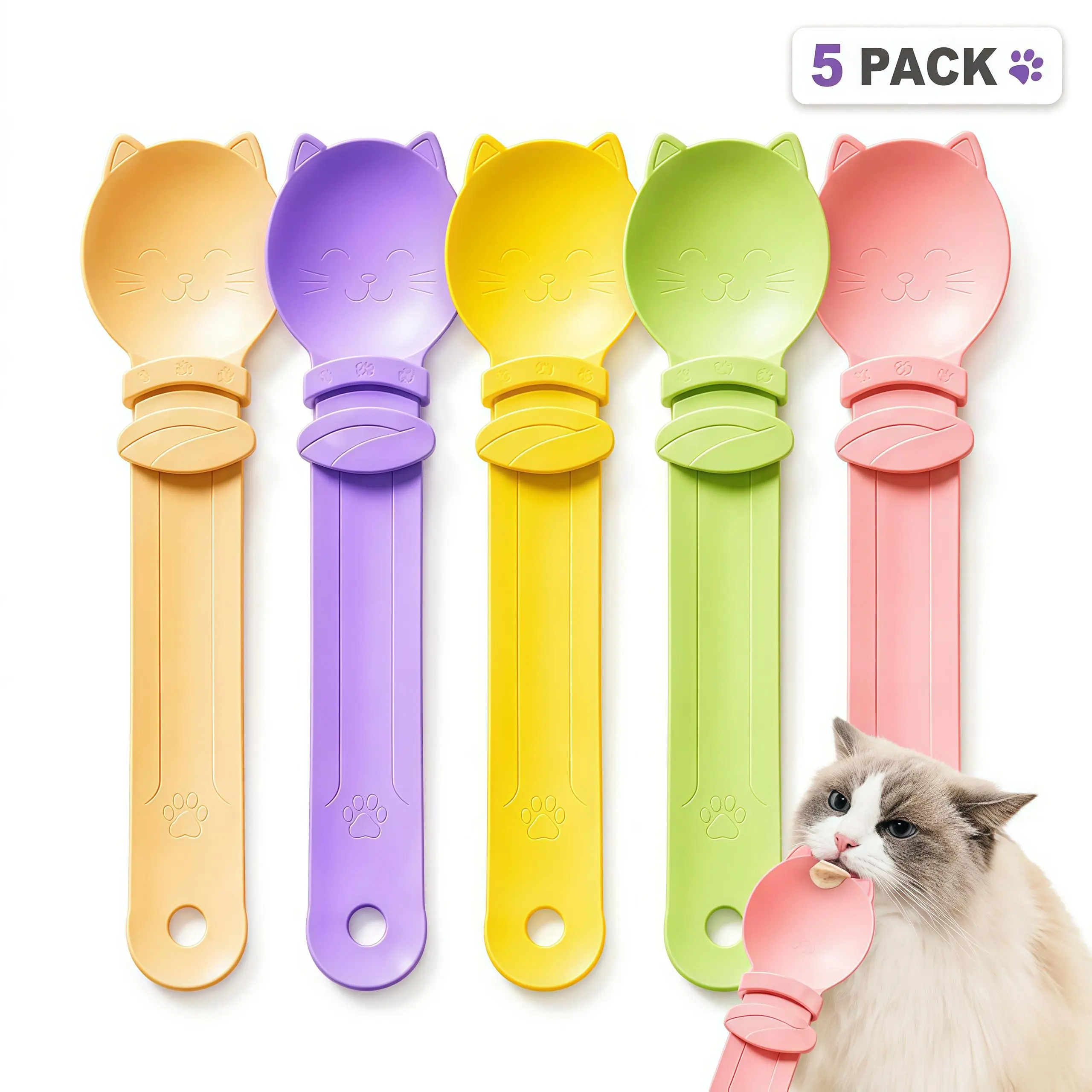 5-Pack Cat Treat Squeezer Spoons - Mess-Free Strip Squeezing Tool, Cute Wet Treat Dispenser for Kitten Wet Feedings, All-Purpose Feline Feeding Accessory for Party Gifts & Home Supplies, Treat Spoons