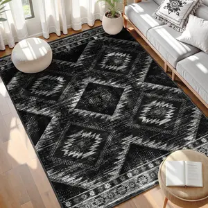 BESTSWEETIE Washable Rugs for Living Room, Area Rugs, Carpet, Soft Faux Wool Vintage Moroccan Runner Rug for Bedroom Non Slip Tpr Backing Low Pile, Distressed Aztec Rug