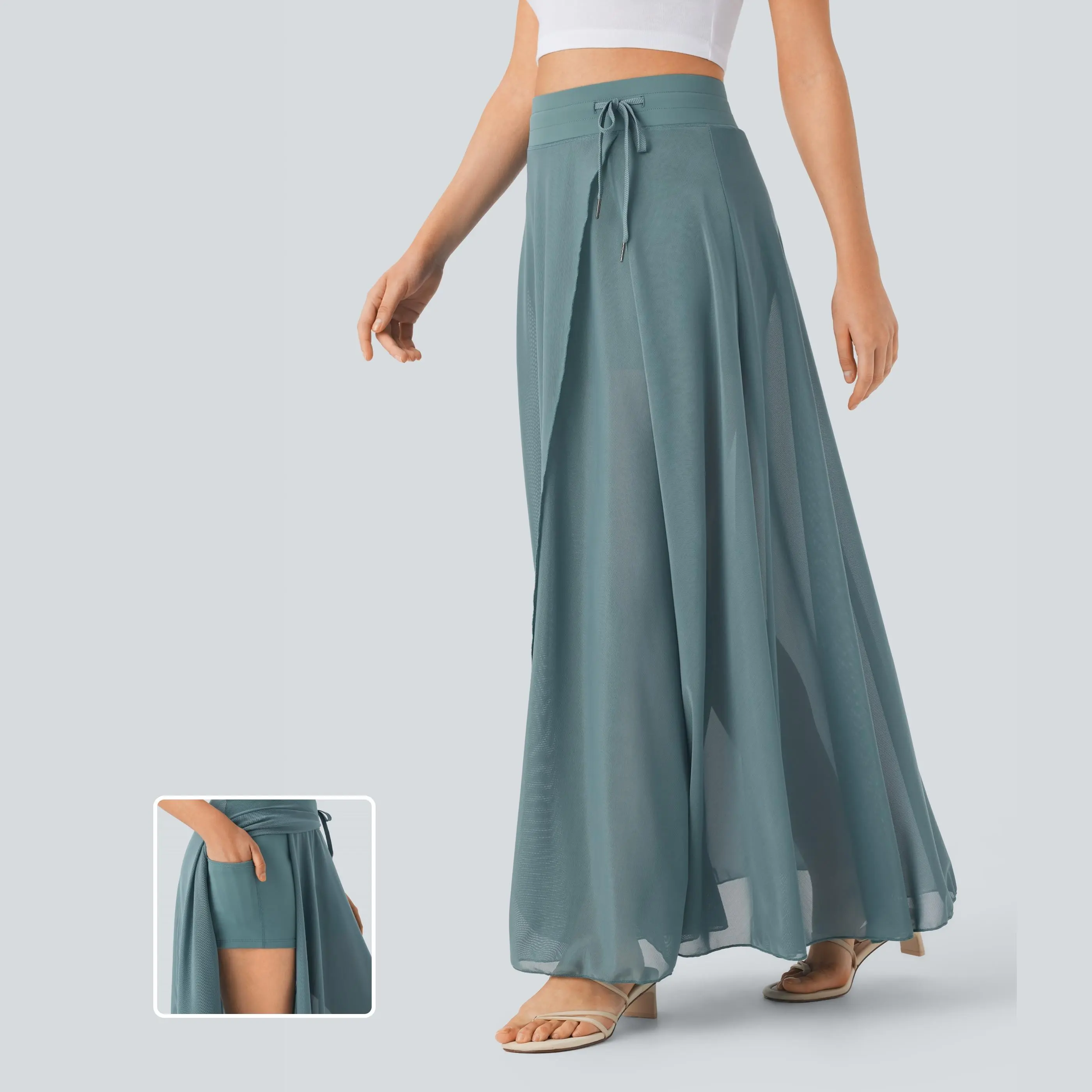 Halara High Waisted Drawstring Contrast Mesh 2-in-1 Side Pocket Flowy Maxi Flare Casual Skirt #BackToSchool