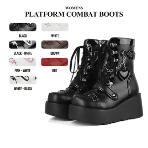 CYNLLIO Womens Round Toe Platform Wedge Lace Up Chain Platform Heel Zipper Goth Patent Combat Boots Casual Party Fashionabl Punk Strappy  Platform  Ankle Boots