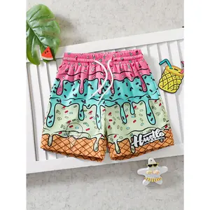 Boys' Colorful Ice Cream Print Swim Shorts - Bohemian Style Non-Stretch Polyester Beach Trunks with Adjustable Drawstring Waist, Playful Cartoon Design & Machine Washable for Summer Beach, Pool & Water Play Tiktok shop Store