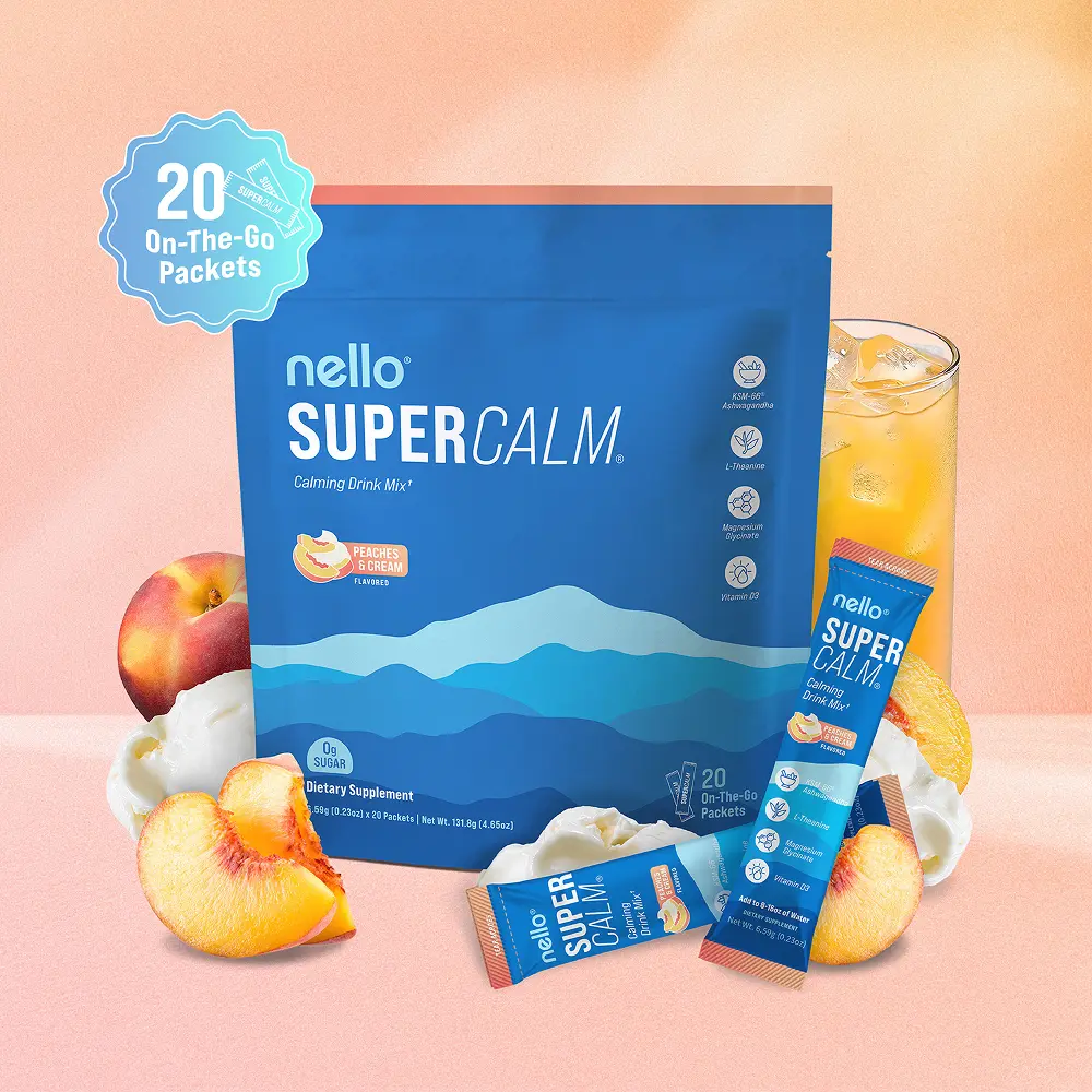 Nello Supercalm Calming Drink Mix with KSM-66 Ashwagandha Vitamin D3 Magnesium & L-Theanine Supports Cortisol Balance Mood Sleep 20 Servings Travel Packets Dietary Supplement