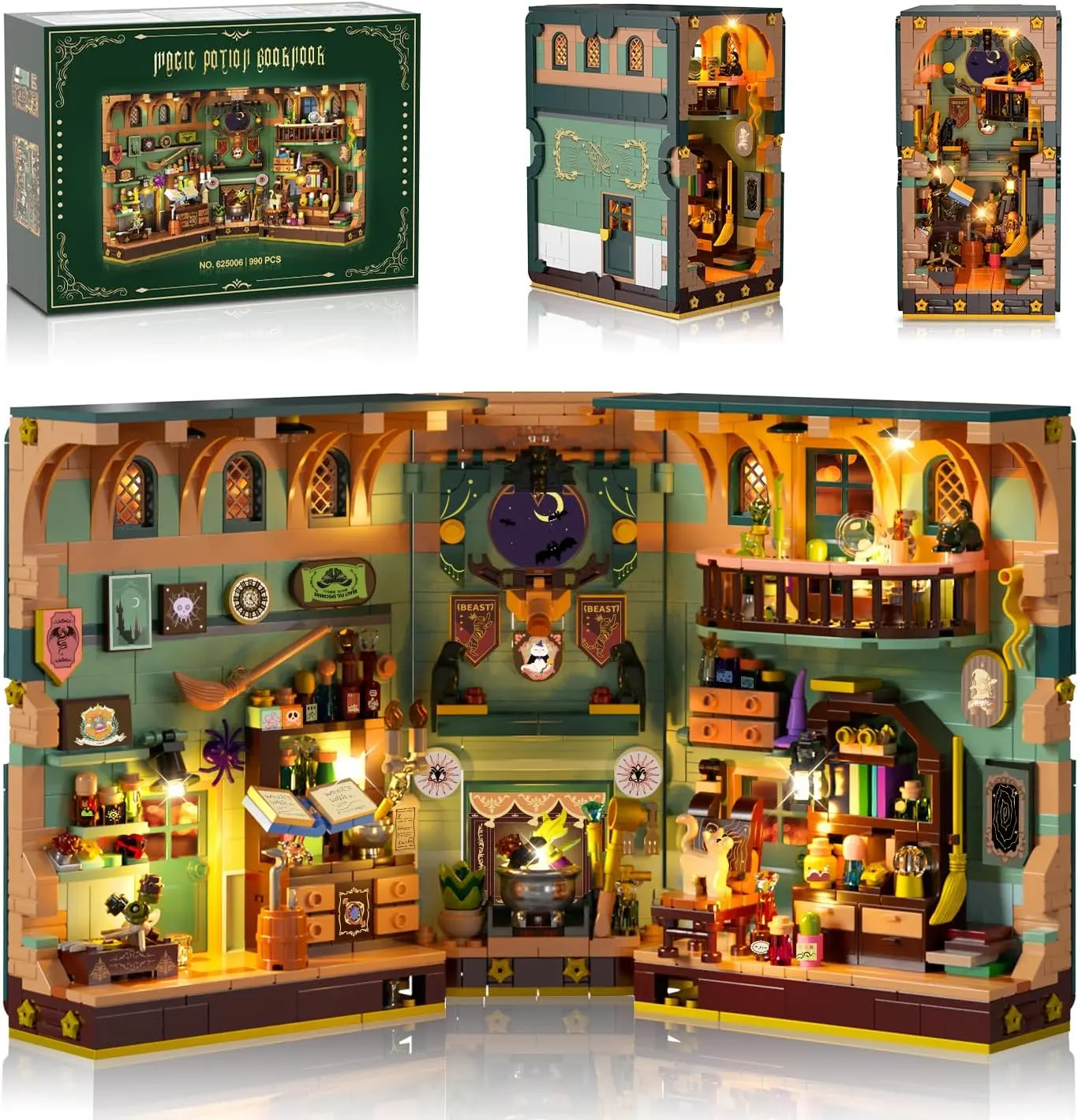 INSOON Magic Potion Booknook Creative Building Blocks Set with Light, DIY Building Kit Bookend, 990 PCS Miniature House Model for Home Decor Bookshelf, DIY Kits for Adults Kids Age 8+