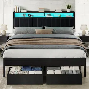 [MothersDayGift] #Summervibes AMERLIFE Bed Frame with LED Light and 2 Storage Drawers, Metal Platform Bed with Storage Headboard, Velvet Upholstered, Heavy-Duty Slats, No Box Spring Needed, Easy Assembly