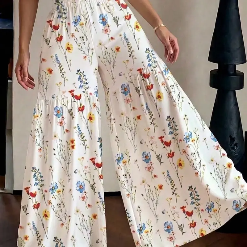 Plus Size Ditsy Floral Print Wide-Leg Maxi Pants Casual High-Waisted Ruffled Trousers, Boho Style Casual Fashion Trousers, Y2K Clothes Summer Daily Wear, Trendy Boho Bottoms, Comfortable Relaxed Fit Casual Ensembles, Party Casual Wear, Womenswear