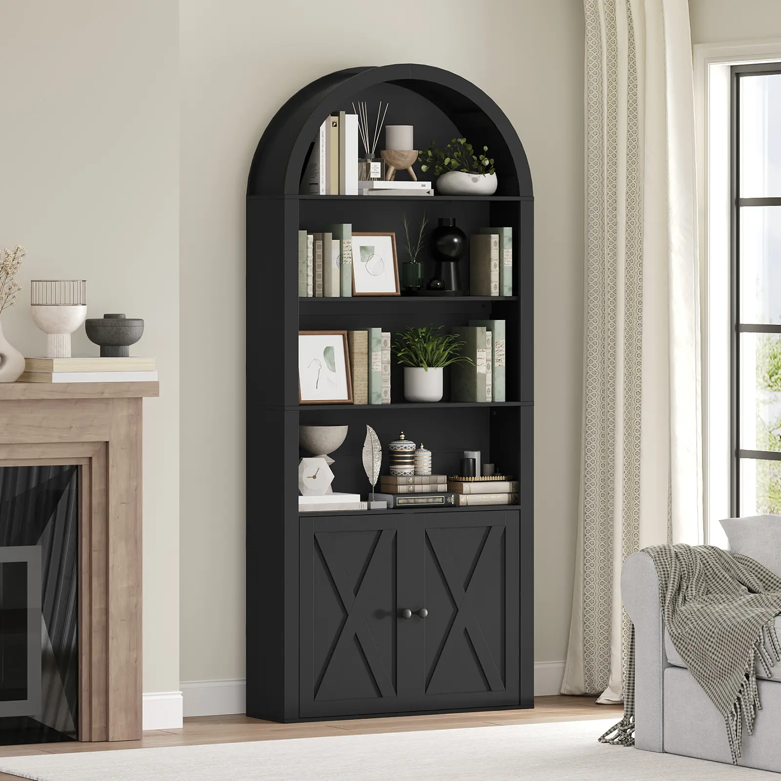 MAHANCRIS 6-Tier Arch Bookshelf, 74.6'' Farmhouse Arched Bookcase with Cabinet, Freestanding Engineered Wood Display Bookshelf, with Adjustable Shelves, for Living Room, Study, Kitchen #SummerVibes#DealsforYouDays #SummerGarden