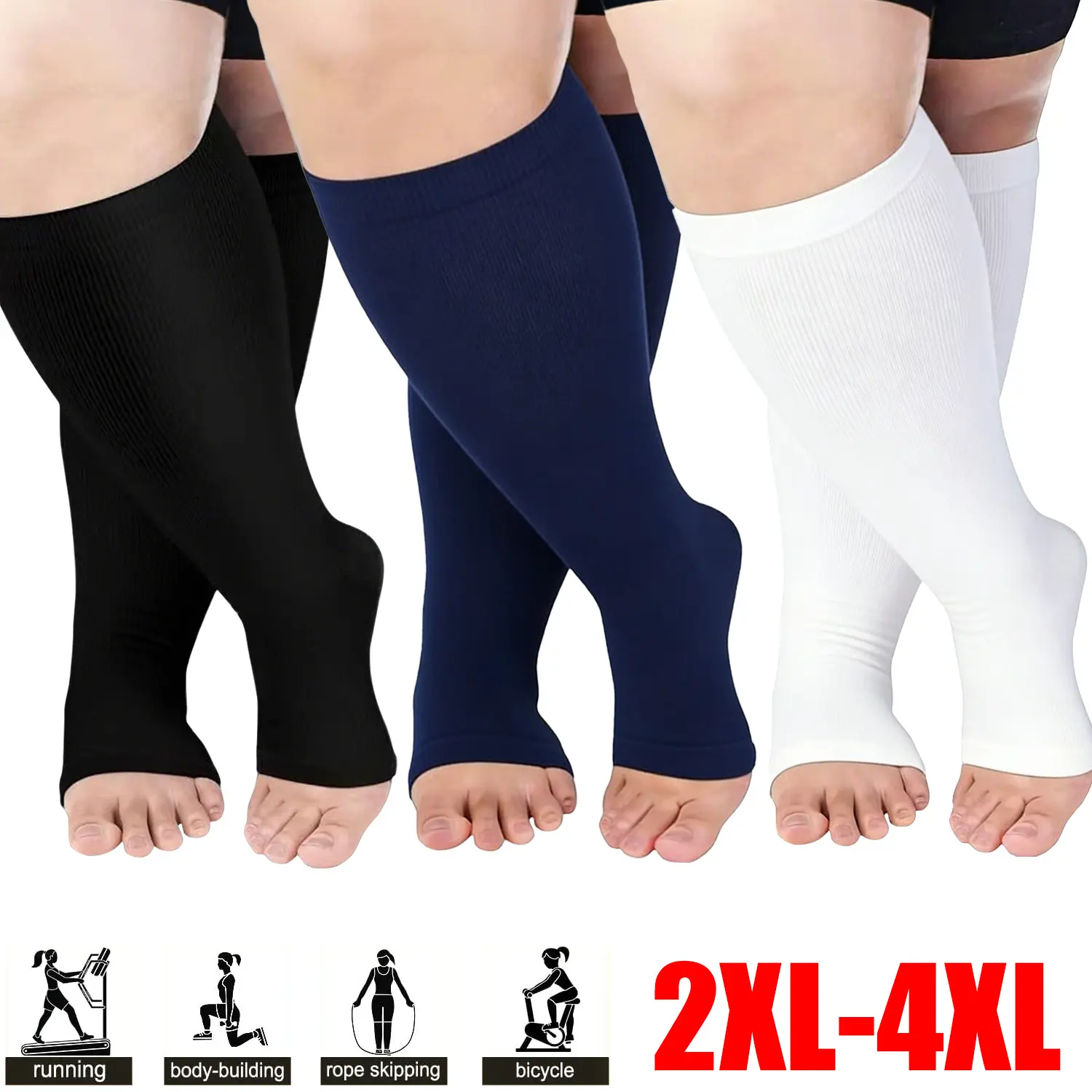 3Pairs Plus Size Open Toe Compression Socks,Nylon15-20 mmHg  Wide Calf Knee High Support Breathable for Women & Men