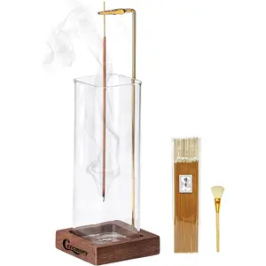 Incense Holder, Wooden Incense Holder for Sticks with Glass Ash Catcher, Anti-ash Incense Burner and a Ash Brush for Meditation Yoga Spa Room Decor