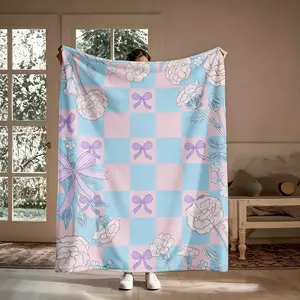 Pink Blue Checkered Bow Floral Flannel Throw Blanket, Soft Cozy Coquette Aesthetic Warm Decorative Couch Throw, Lightweight Breathable Heartwarming Gift, Home Blankets, Heartwarming Blanket Gift