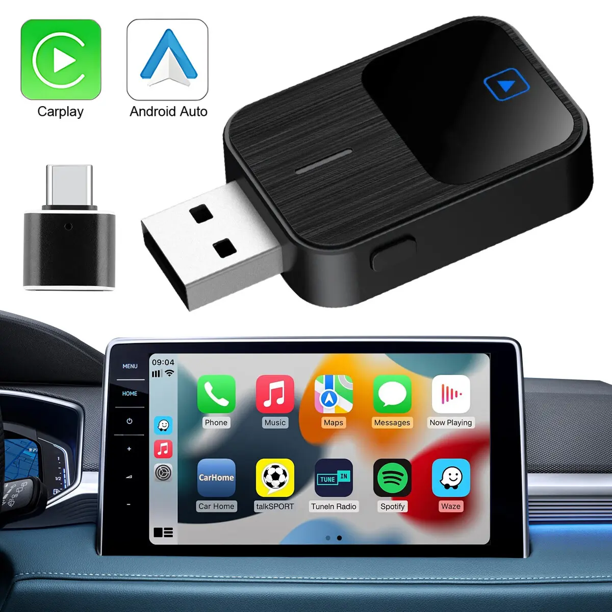 2-in-1 Wireless CarPlay & Android Auto Adapter, Bluetooth 5.2 Dongle with USB-A & USB-C Ports, Plug & Play Auto Connect Accessory for Factory Wired CarPlay Vehicles & Fitness Exercise Machines