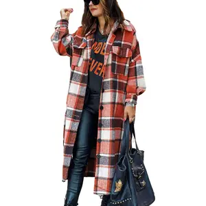 Omoone Women'S Flannel Plaid Shacket Fall Oversized Long Button down Shirt Jacket Shackets Omoone