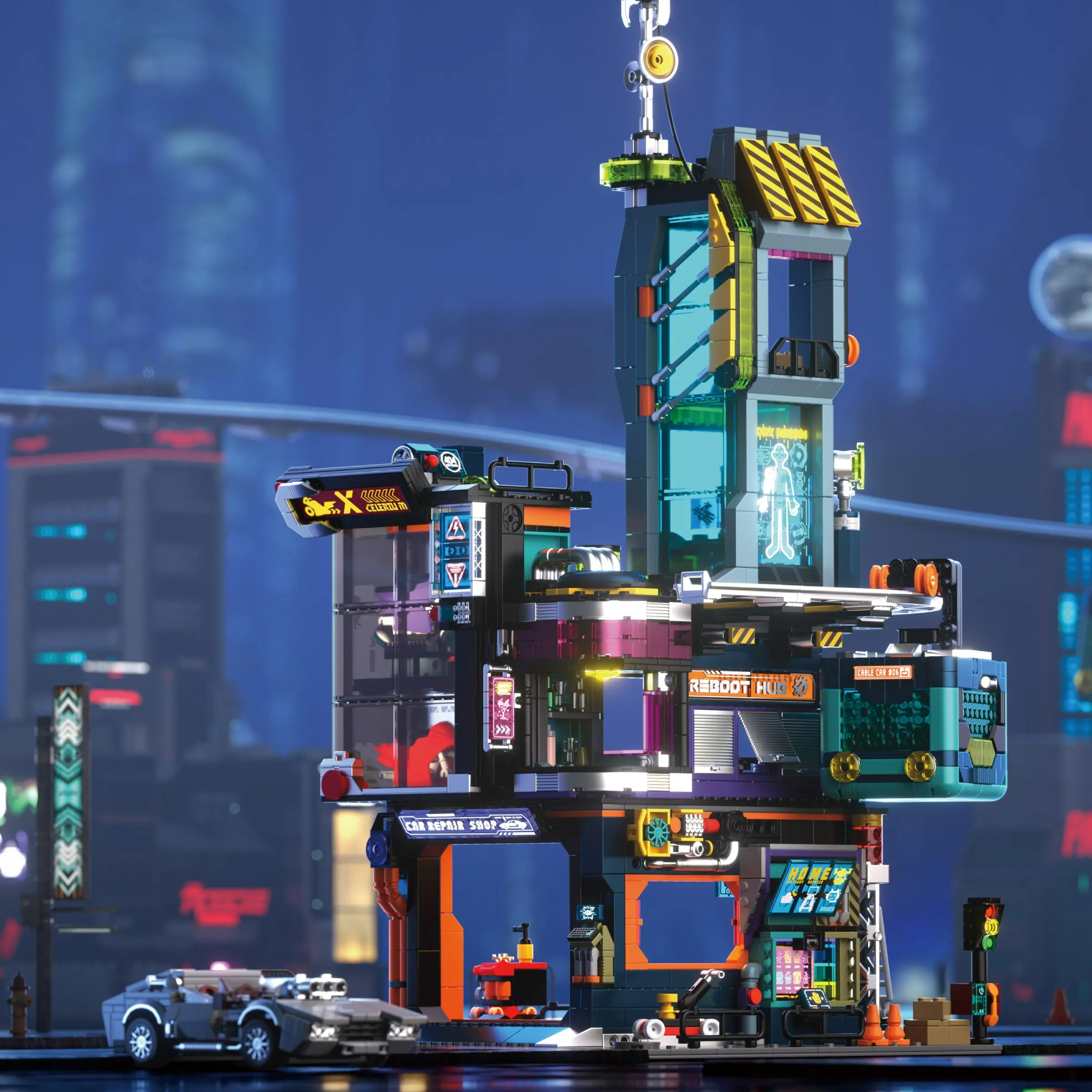Adult Cyber Tech Repair City Building Blocks - 2098+ Pieces Modern City Model Building Set Cool Desktop Display Home Decor Ideal Gift for Men's Birthdays, Christmas, Valentine's Day, Halloween, and New Year.