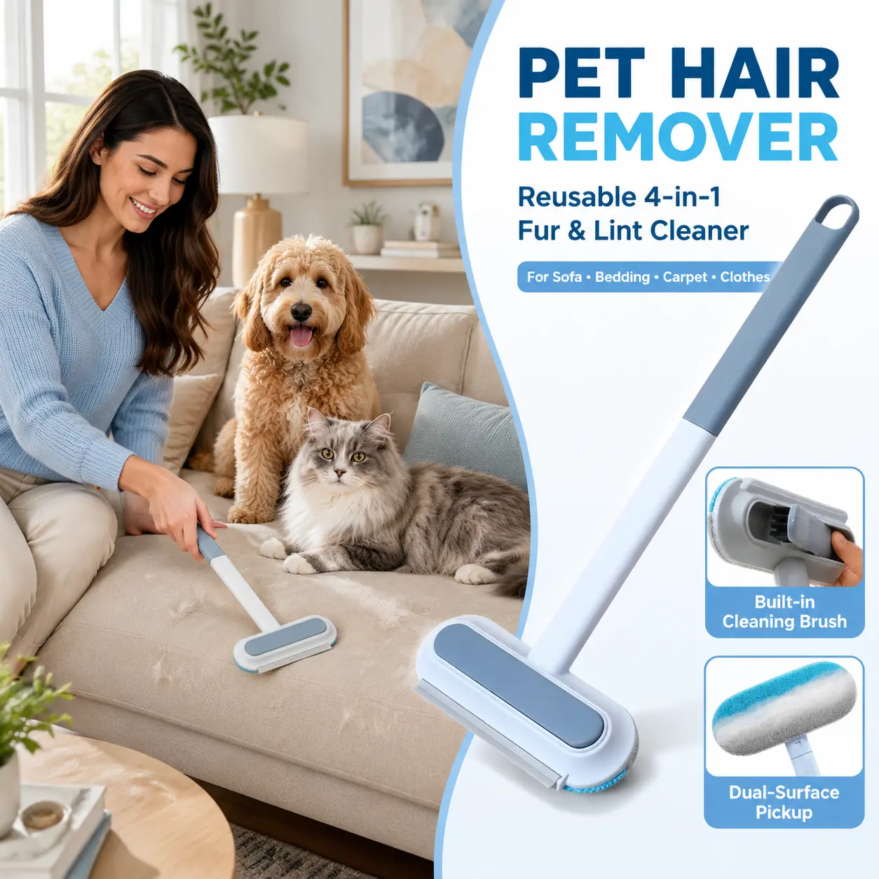 4 in 1 Pet Hair Remover Brush with Long Handle, Reusable Washable Lint Roller Cleaner for Dog & Cat Hair, Extra Long Handle Fur Removal Tool for Couch Furniture Carpet Clothes Bedding Car Interior, Multi Surface Pet Hair Cleaning Brush