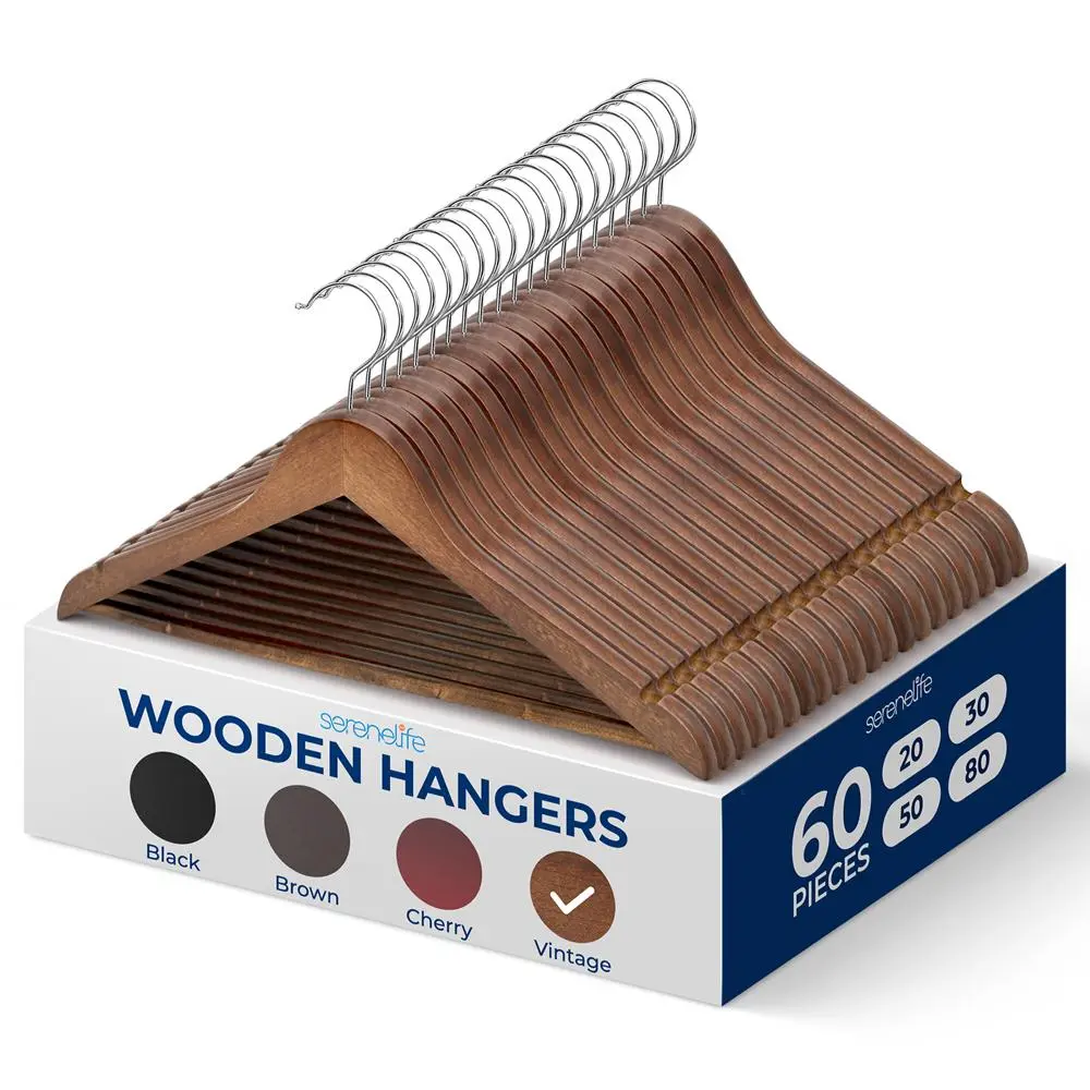 60-Pack Wooden Suit Hangers - Vintage | Durable Clothes Hangers with 360° Swivel Hook & Pant Bar Design - Heavy-Duty Coat Hangers for Closet Organization - Household Essentials
