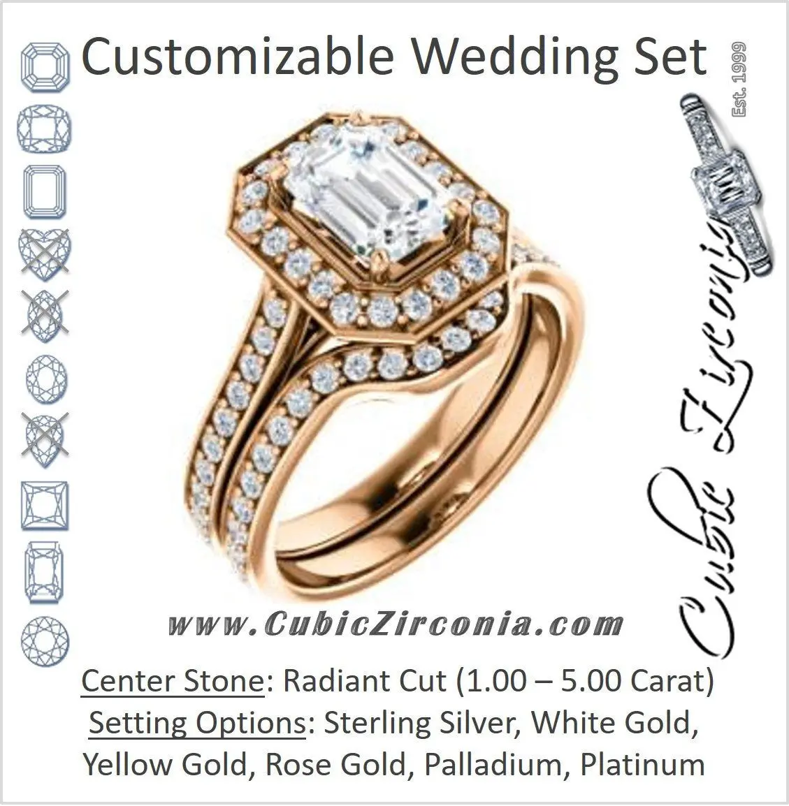 CZ Wedding Set, featuring The Lorie Ella engagement ring (Customizable Artisan-Cathedral Radiant Cut with Halo and Pavé Accents)