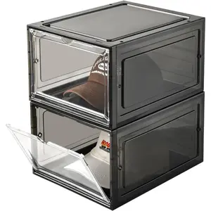 Hat Organizer Box, Stackable Clear Baseball Caps Holder Box Containers with Door, Holds 20 Hats (Black Clear, 2 Pack)