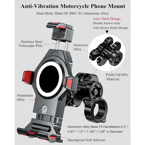 Anti-Theft Vibration Dampener Motorcycle Phone Mount, High-Speed Secure Lock Aluminum Alloy Adjustable Handlebar Phone Holder for Bicycle Scooter ATV 4.7"-7.2"