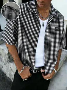 Men's Simple Gingham Plaid Checkered Short Sleeve Casual Shirt, Summer Loose Fit Floral Pattern, Versatile Basic Top for Daily Wear
