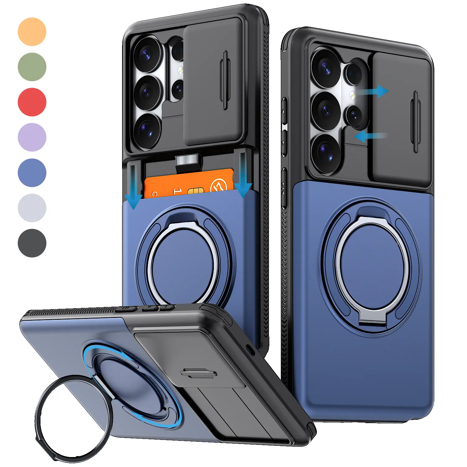 OREKROY For Samsung Galaxy S26 Ultra Plus S25 S24 S23 S22 Case, Slide Camera Cover, 360° Rotating Ring Kickstand, Card Slot Wallet, Dual Layer Shockproof Protective Phone Case