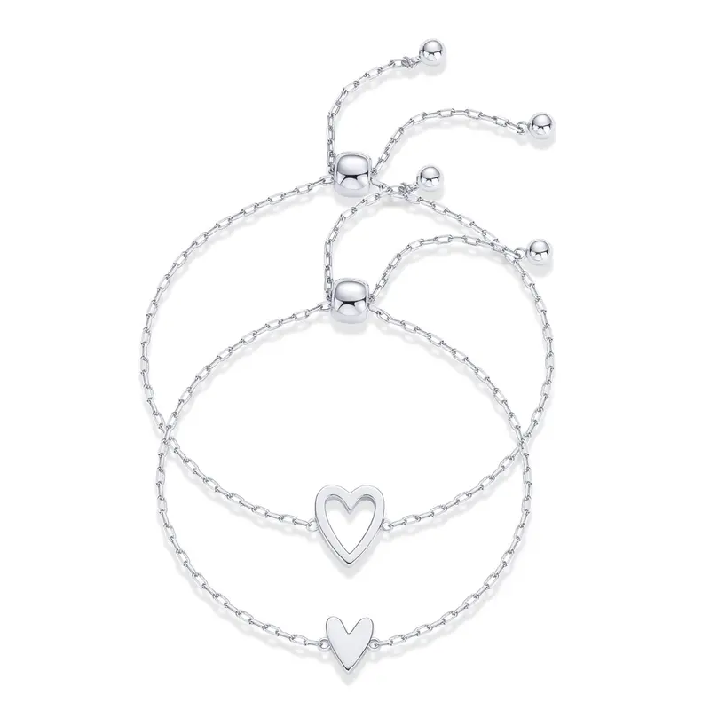 Silver-Plated Adjustable Heart Pendant Bracelet Set , 2-Piece Matching Pairs, Unisex Wear, Heart Style & Friendship StylesI,Ideal Festive & Party Gift for Couples, Mom and Best Friends, Great for Valentine's Day, Mother's Day, Anniversary & Graduation