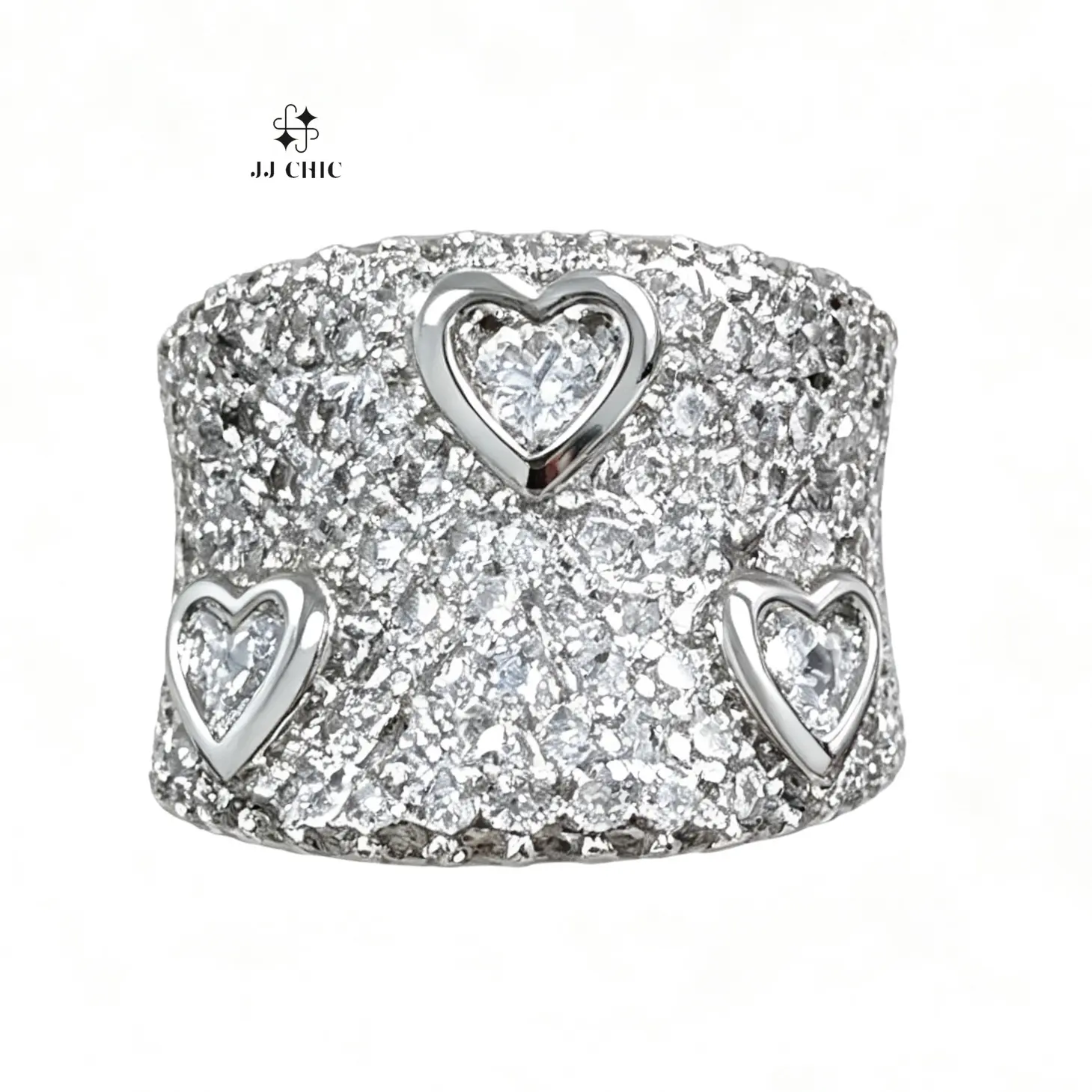 JJ CHIC Sparkly Heart CZ Wide Band Ring for Women, Silver Tone Statement Ring, Elegant Love Jewelry Gift for Her