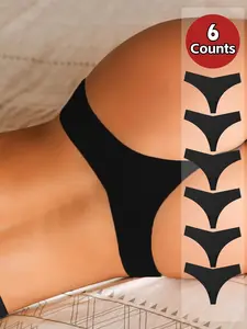 6-Pack Women's Low Waist Seamless Fit Thong Panties, Pure Color Ice Silk No Show Lingerie Underwear, Breathable Summer Thongs for All Seasons
