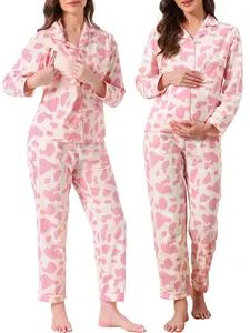 INSPIRE CHIC Women's Nursing Pajama Sets Postpartum Button Down Long Sleeve Pocket Labor Sleepwear Set for Breastfeeding