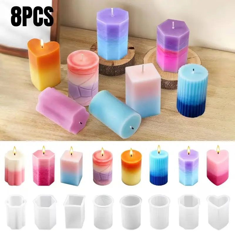 8pcs Set of Cylindrical Candle Molds, Cylinder/Hexagon/Octagonal/Heart/Flower/Square Shapes Design, Candle Making, Great for Table Crafts, Party, Wedding, Desktop, Home Decor